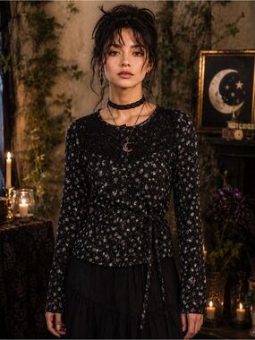 Guess Black Floral Lace Tie Waist Long Sleeve Blouse Boho Romantic Cottagecore
